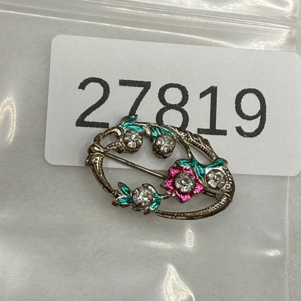 Vintage Flower Brooch Silver Tone Rhinestone Enamel Paste